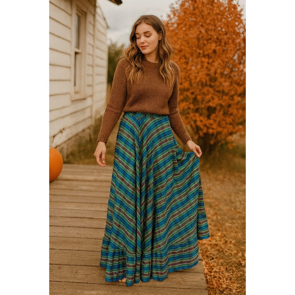 Vintage Handmade Plaid Tartan Holiday Christmas Satin Maxi Cottage Prairie Skirt